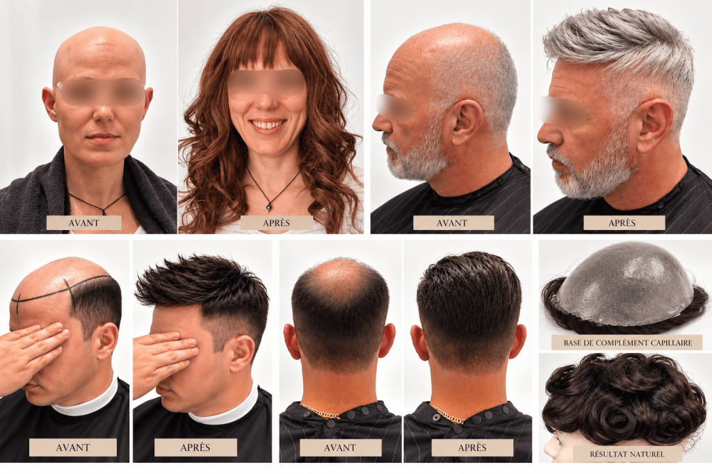 Avant et après de réalisations de compléments capillaires Homme et Femme avec visages anonymisés
